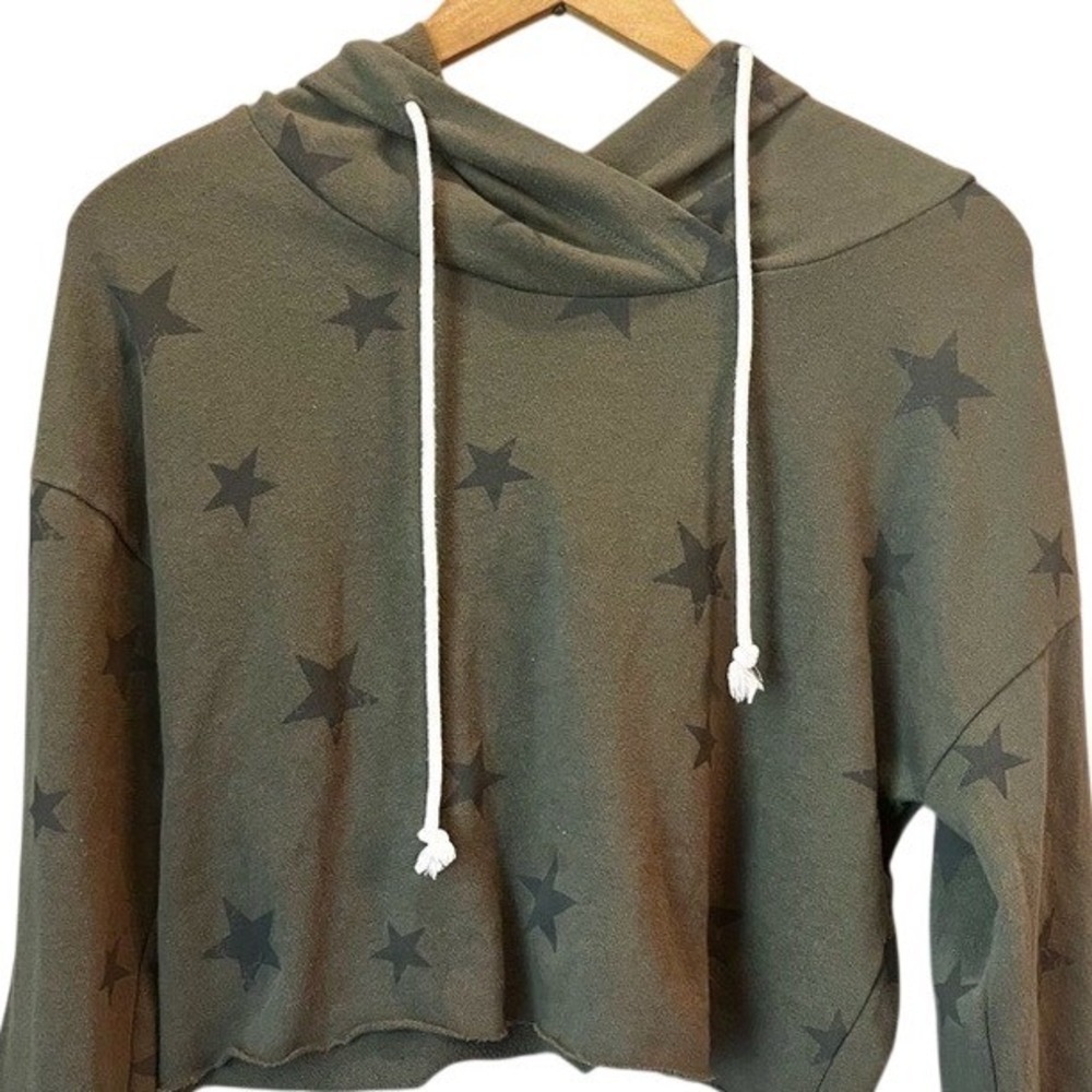 Star Hoodie Cropped Army Green Long Sleeve Shirt Boho‎ Grunge Y2K Women's Small